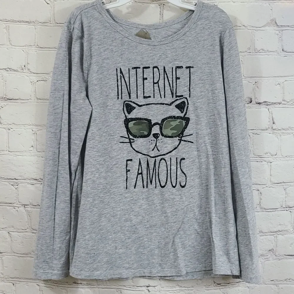 Justice Girls 8 Gray Long Sleeve INTERNET FAMOUS Cat Camo Shades Shirt T-Shirt